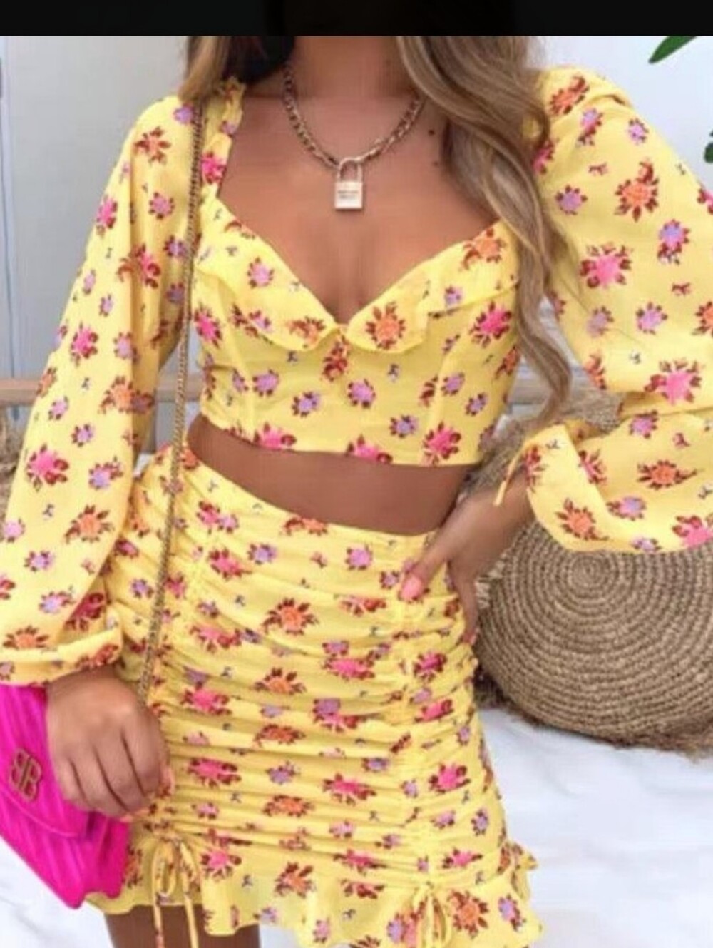 White  Yellow Floral Ruched Mini Skirt  & Crop Top Set. Size Medium